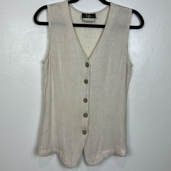 IZ California Vintage Neutral Beige Flax Blend Button Front V-neck Vest Size M - Picture 1 of 8